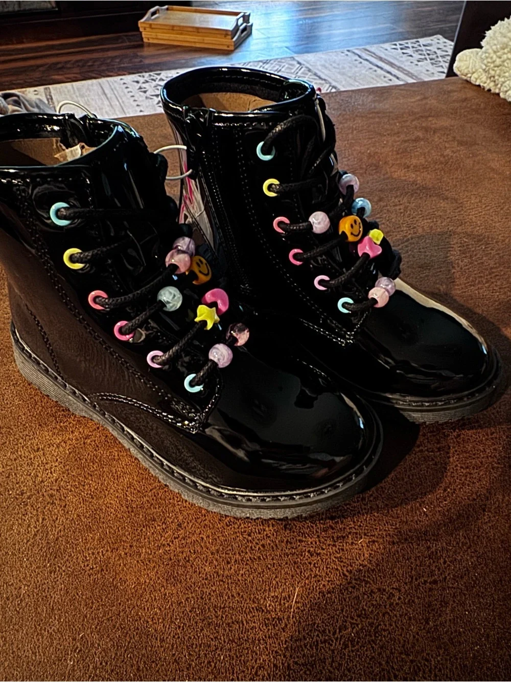 Little Girls Sz 12 Black Patent Combat Boots with Colorful Bead Charms
